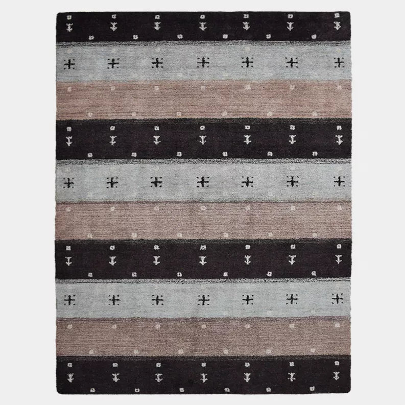 Rectangular area rug with horizontal stripes in black, gray, and brown and repeating small symbols