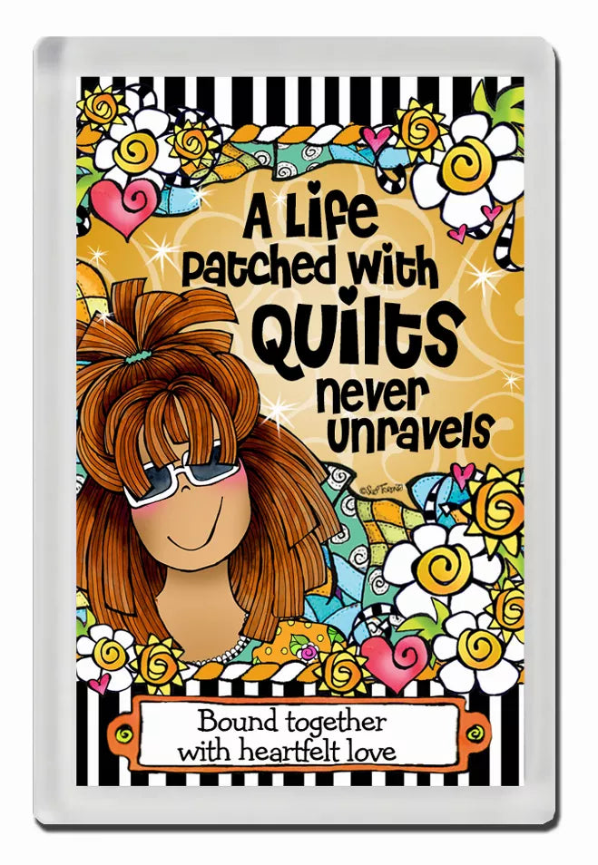 Square quilt-themed magnet featuring a woman portrait, hearts, and floral border