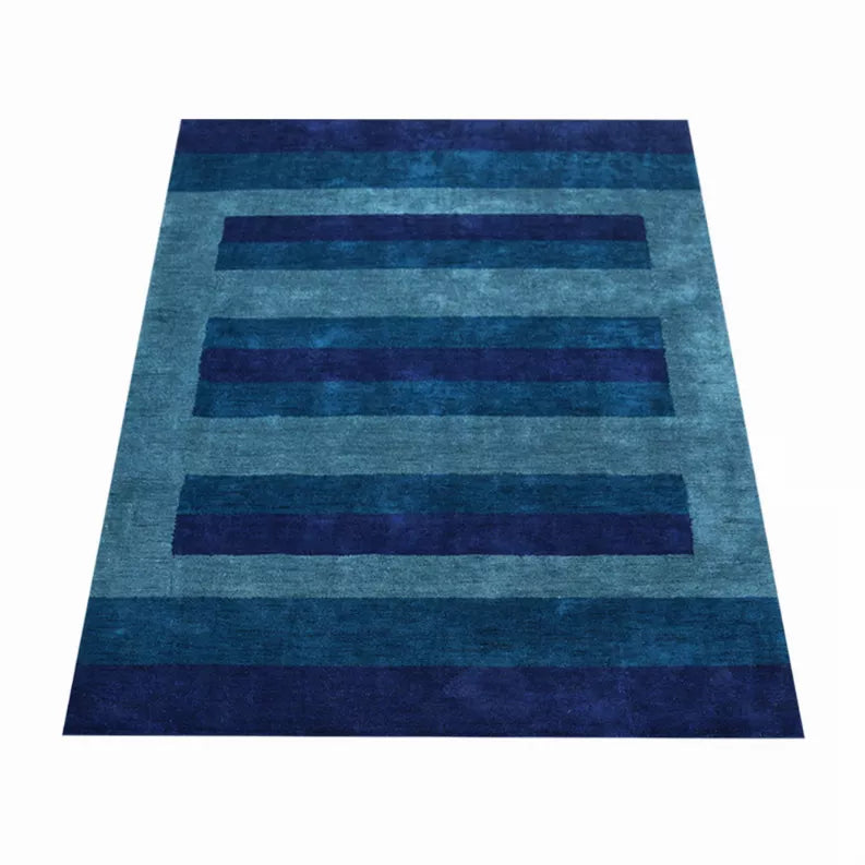 Teal and navy horizontal striped area rug, clean bordered layout