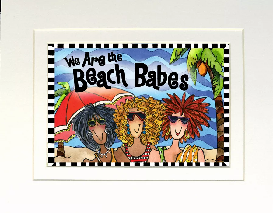 Framed beach-themed art print with text 'We Are the Beach Babes' and two illustrated women