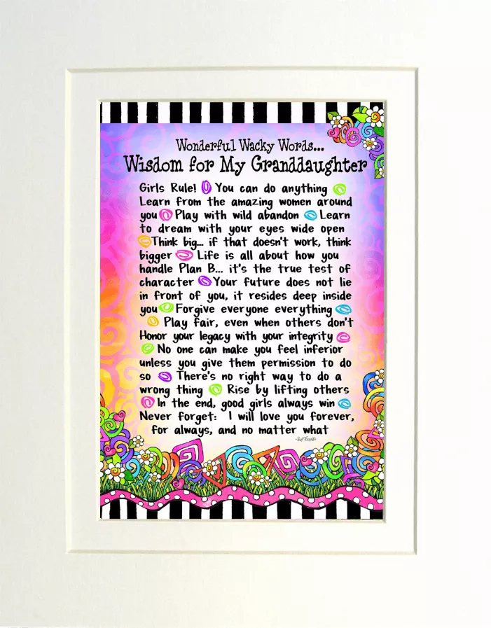 Framed wisdom quote wall art with purple text and colorful decorative border