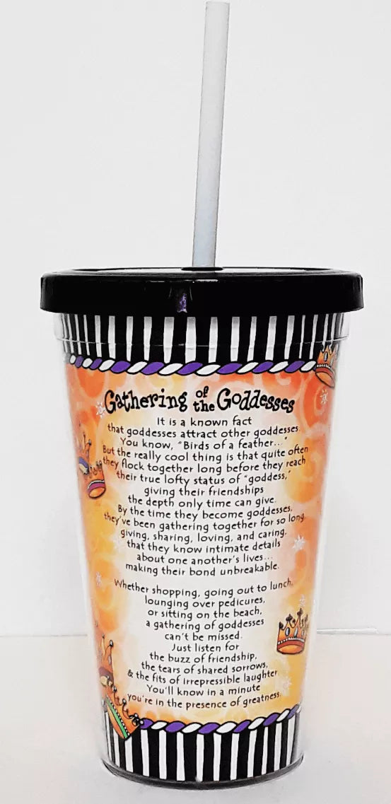 Printed plastic drink cup back panel with poem text and goddess illustrations, white straw