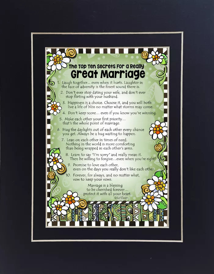 Framed wall art print with floral border and 'great marriage' quote in green and white.