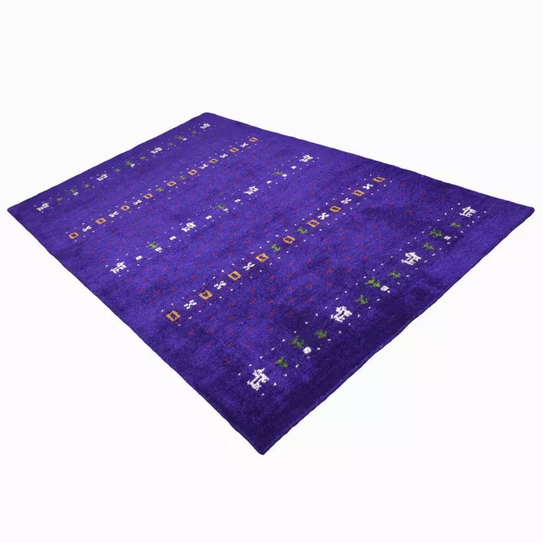 Purple hand-knotted silk-mix area rug with multicolor geometric motifs