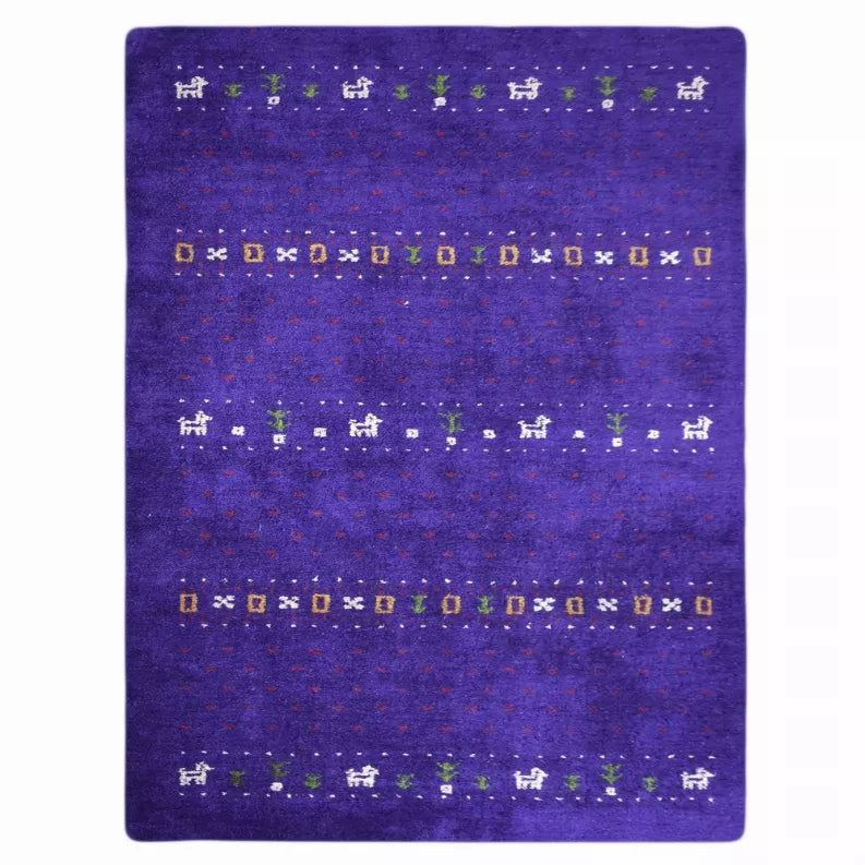 Purple area rug with multicolor border line and scattered geometric icons