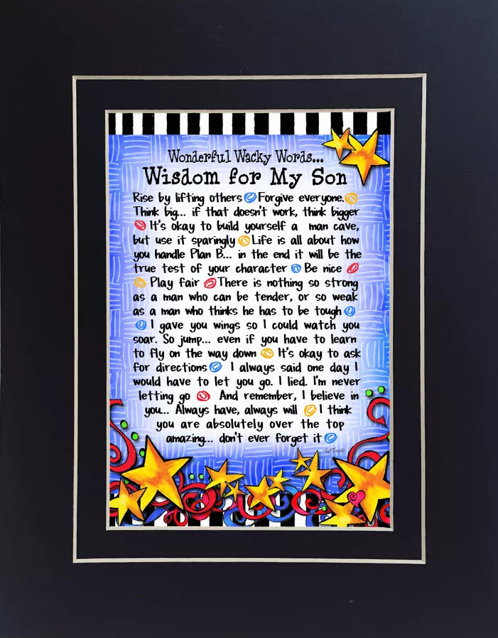 Framed wisdom quote wall art with colorful stars and 'Wisdom for My Son' text.