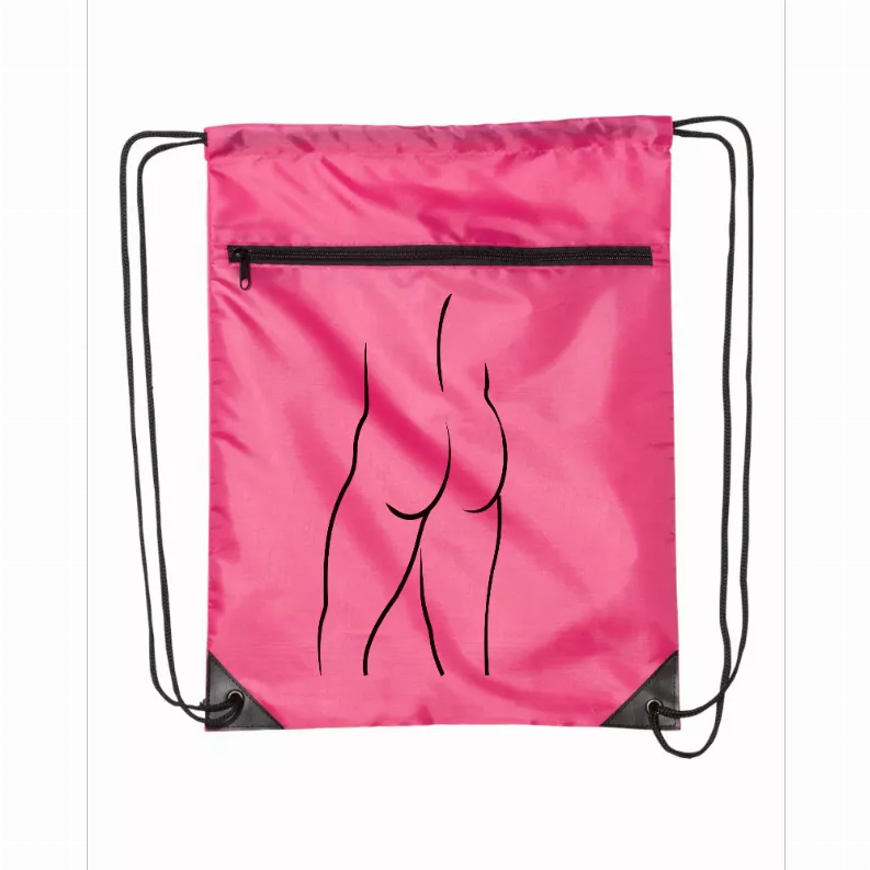 Pink drawstring bag with front zipper pocket and black torso graphic, adjustable cords