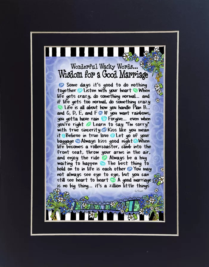 Framed wedding-themed artwork with handwritten-style poem, blue floral border and green vines
