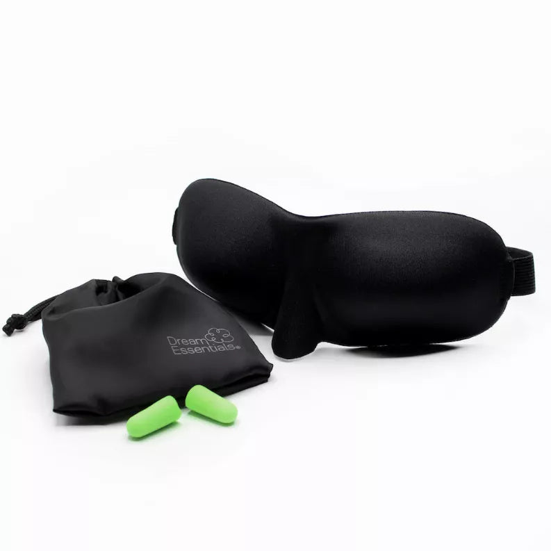 Black sleep mask set with drawstring pouch and two green earplugs