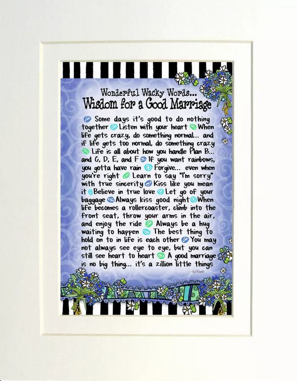 Framed relationship quote print with blue background, floral corners, and striped edging