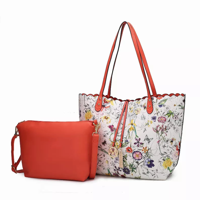 Reversible shopper tote bag with floral print and red crossbody pouch, shoulder straps