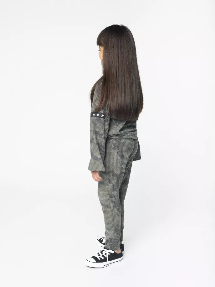 Kids camo hoodie, back view; star patch on sleeve cuff; drawstring waist