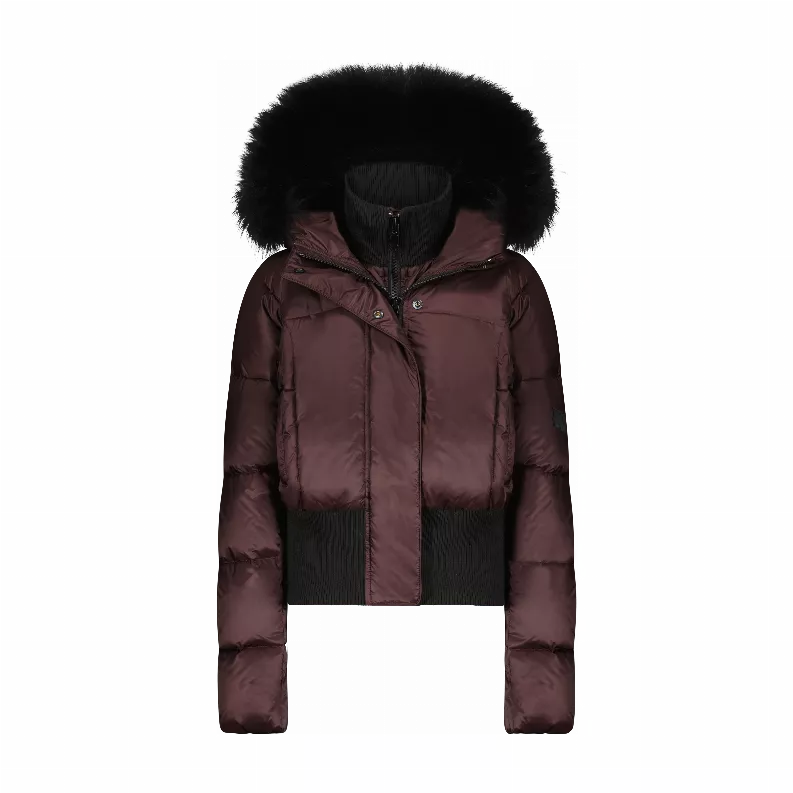 Maroon puffer jacket front with faux-fur hood, zipper, and black lower panels