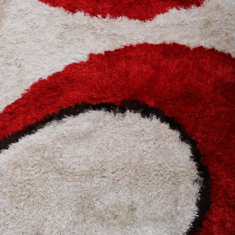 Shag area rug detail: red stripe with black edging around white oval