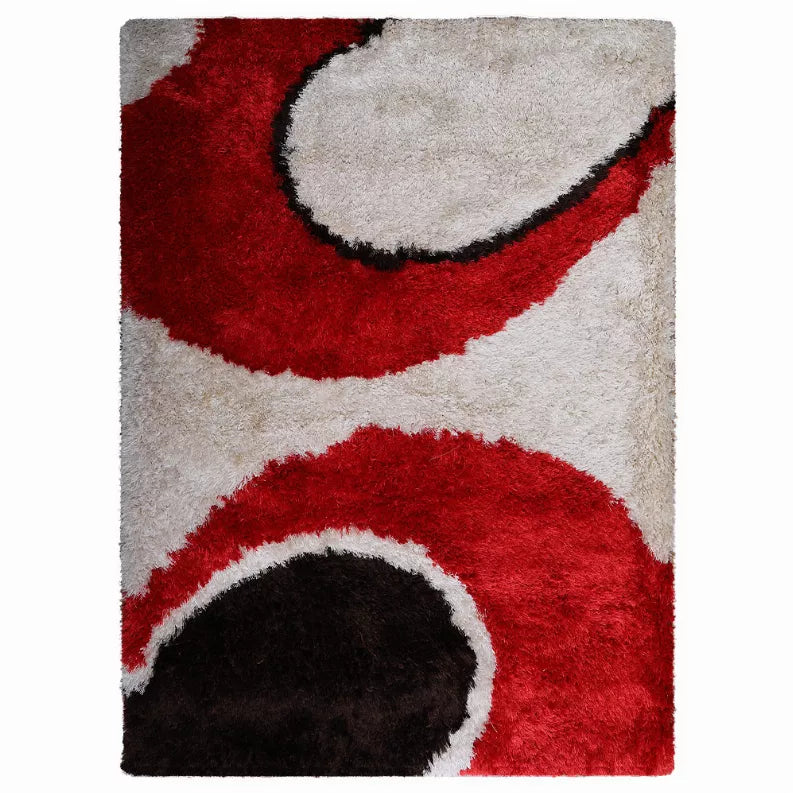 Shag area rug with red, black, and cream layered arch motif
