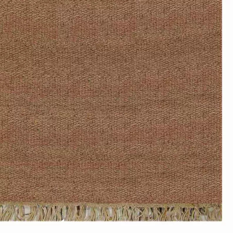 Solid brown flatweave rug with cream fringe border