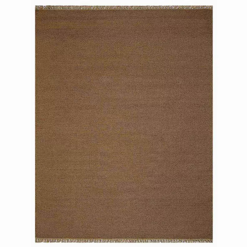 Solid brown flatweave wool rug with cream fringe border, top view