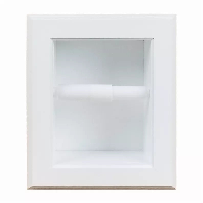 Recessed toilet paper holder with white face, open compartment, and centered roll