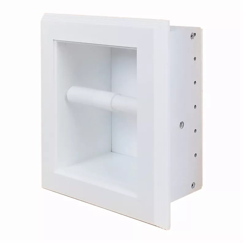 Recessed toilet paper holder with white finish and side mounting holes