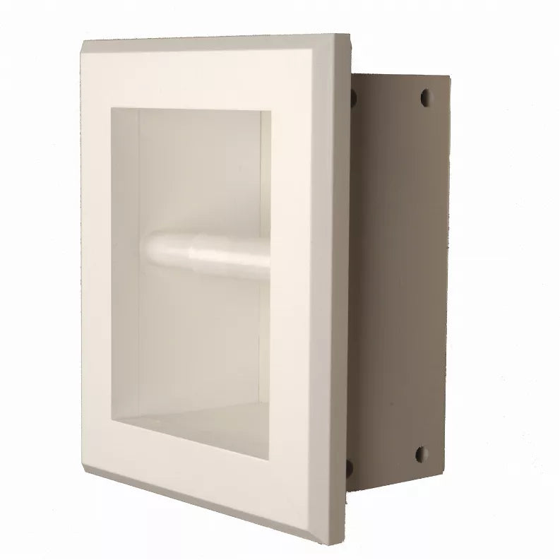 Recessed solid wood toilet paper holder with roll visible inside