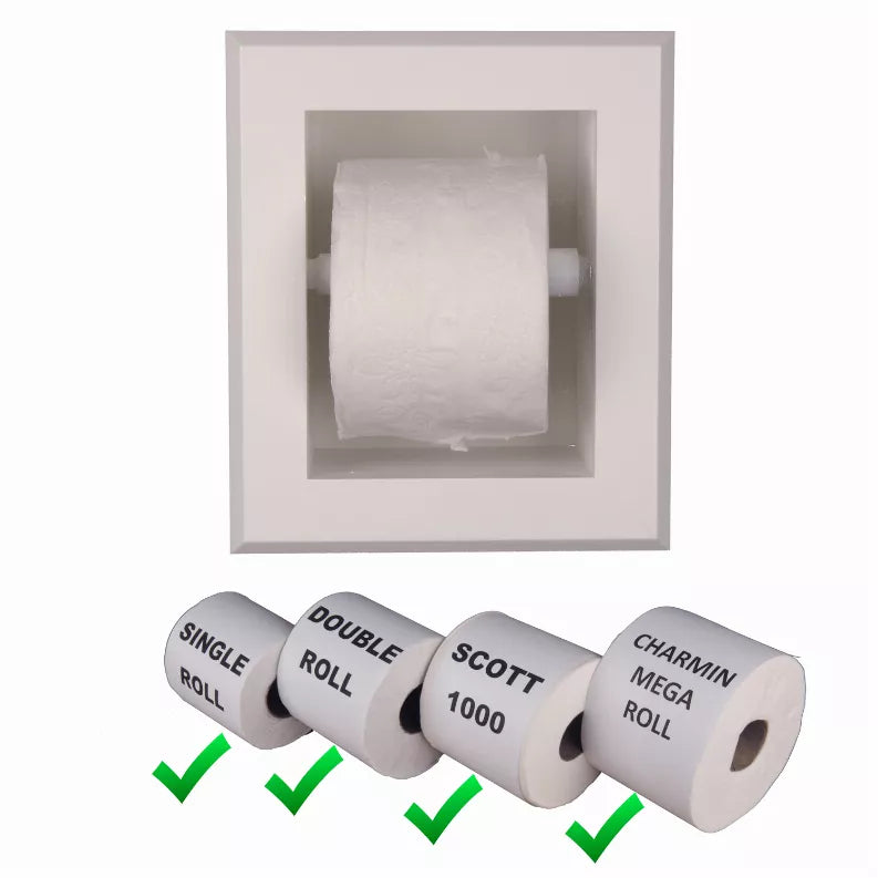 Square recessed toilet paper holder with roll centered inside
