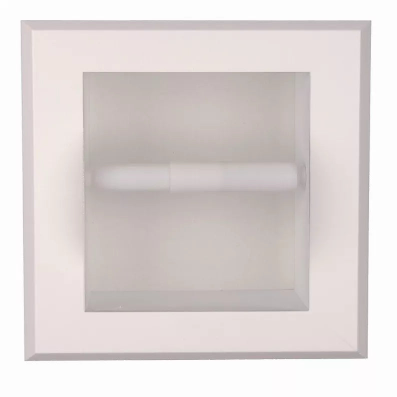 Recessed toilet paper holder with roll tucked inside a square opening