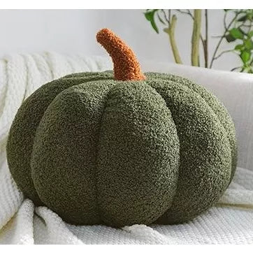 Boucle pumpkin throw pillow in dark green with brown top stem detail