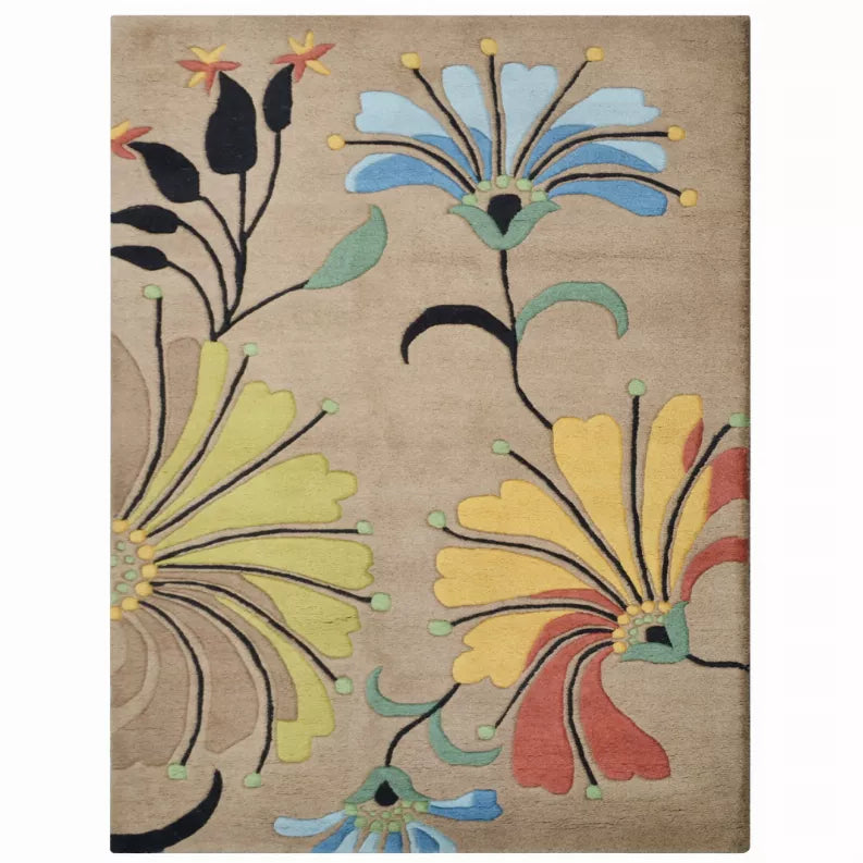 Beige floral hand-tufted wool area rug with multicolor flowers, leaves, and vine stems