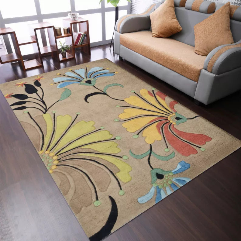 Floral hand-tufted wool area rug on wood floor with colorful blooms and beige background