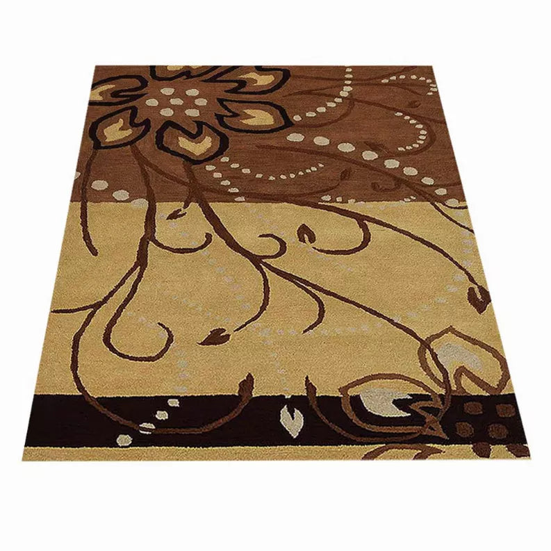 Floral hand-tufted wool area rug, beige with brown and dark swirling motifs