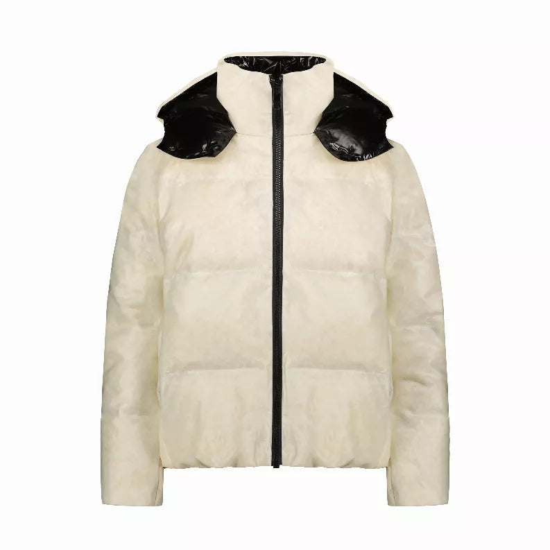 Cream padded hooded jacket with black zip and contrast shoulder panels, front