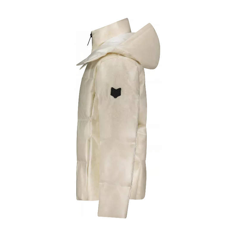 Cream puffer jacket side view with hood and small black chest emblem