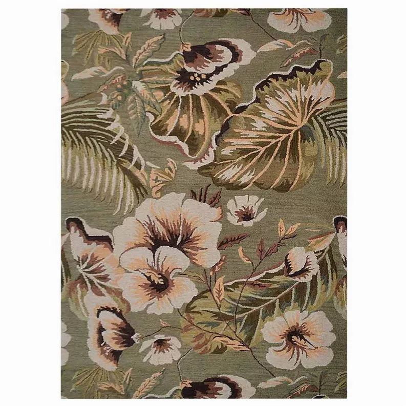 Hand-tufted wool floral area rug, olive green background with cream and brown flowers