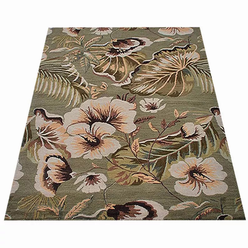 Hand-tufted wool floral area rug with cream flowers, brown accents, and olive ground