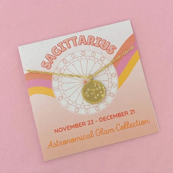 Sagittarius zodiac pendant necklace with gold circular charm and chain