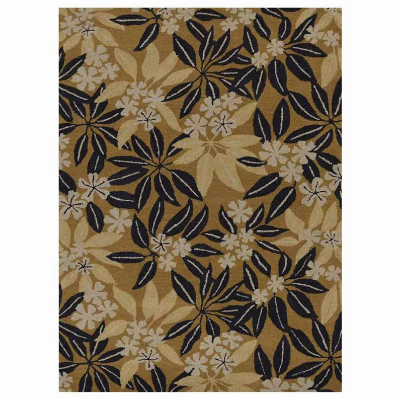 Hand-tufted wool floral area rug with beige ground and dark navy leaf-and-flower pattern