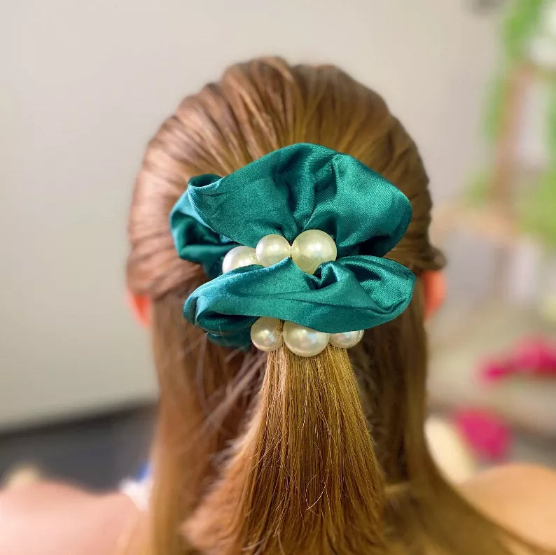 Teal satin scrunchies with faux pearl embellishment and heart center