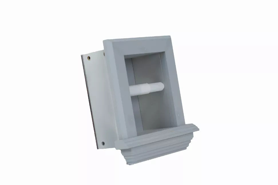 Recessed toilet paper holder, solid wood, holds a white paper roll, light blue-gray