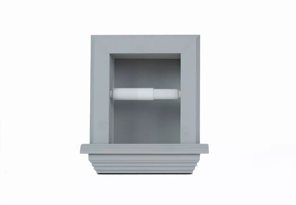 Recessed toilet paper holder with fluted shelf and white paper roll, light blue-gray wood