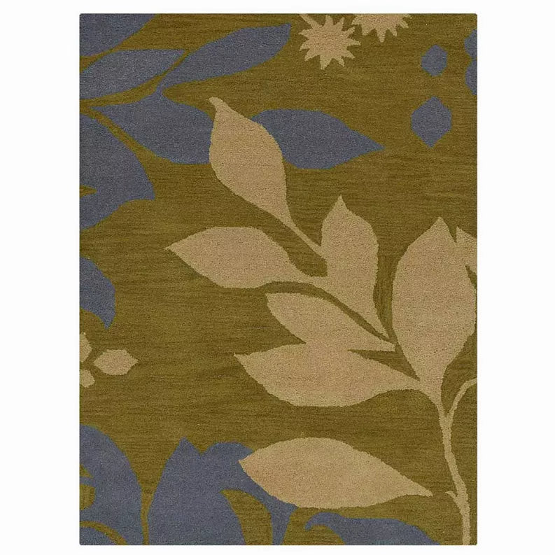 Hand-tufted wool area rug, floral pattern in olive with tan and blue accents