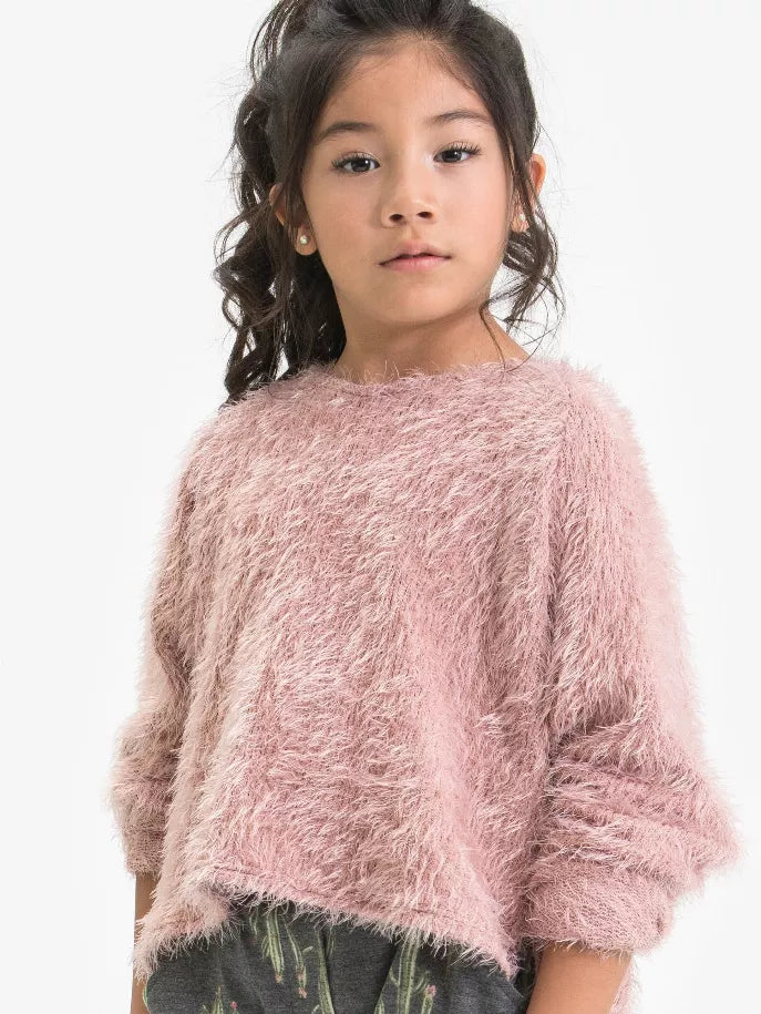Pink shaggy hoodie with hood, long sleeves, and kangaroo pocket, front view