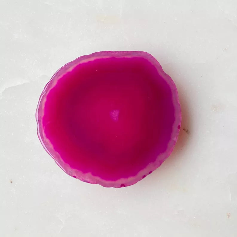 Pink agate natural stone phone grip, round hot-pink slice with light edge