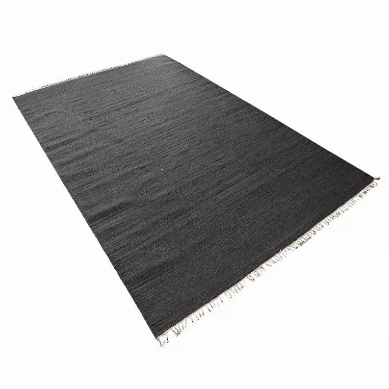Dark gray wool flatweave kilim area rug with short fringe border