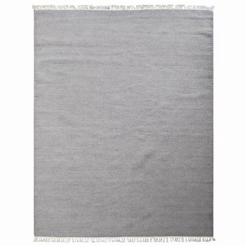 Gray solid flatweave wool rug with cream fringe border, square full view