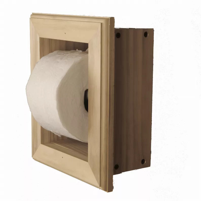 Recessed wood toilet paper holder with white toilet paper roll tucked in front opening