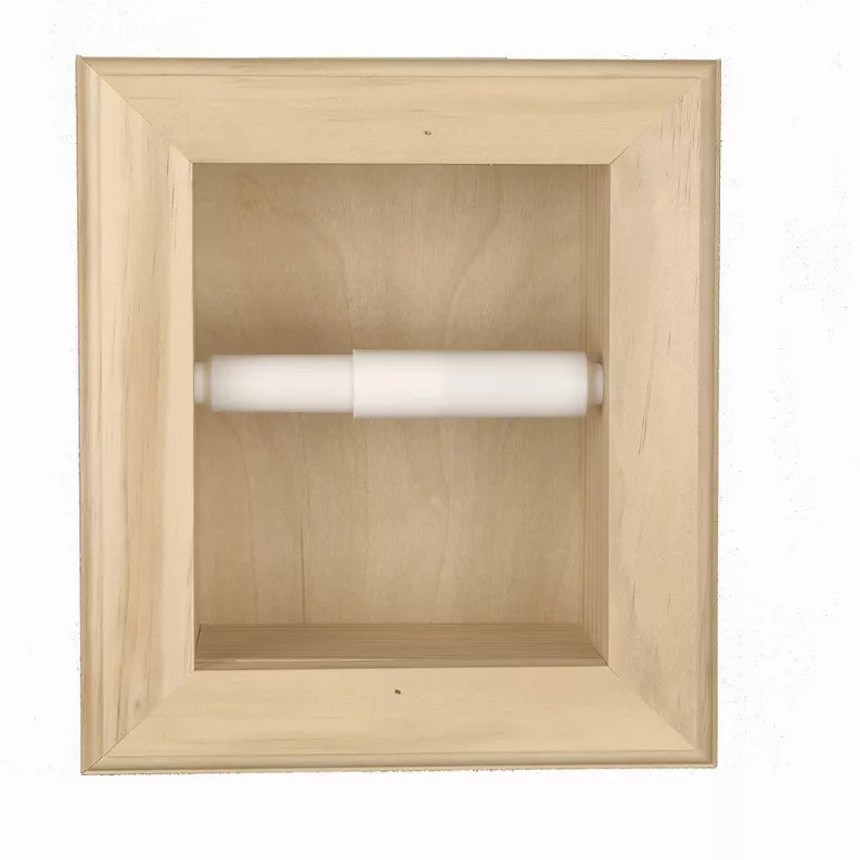 Square recessed wood toilet paper holder with white paper roll centered inside