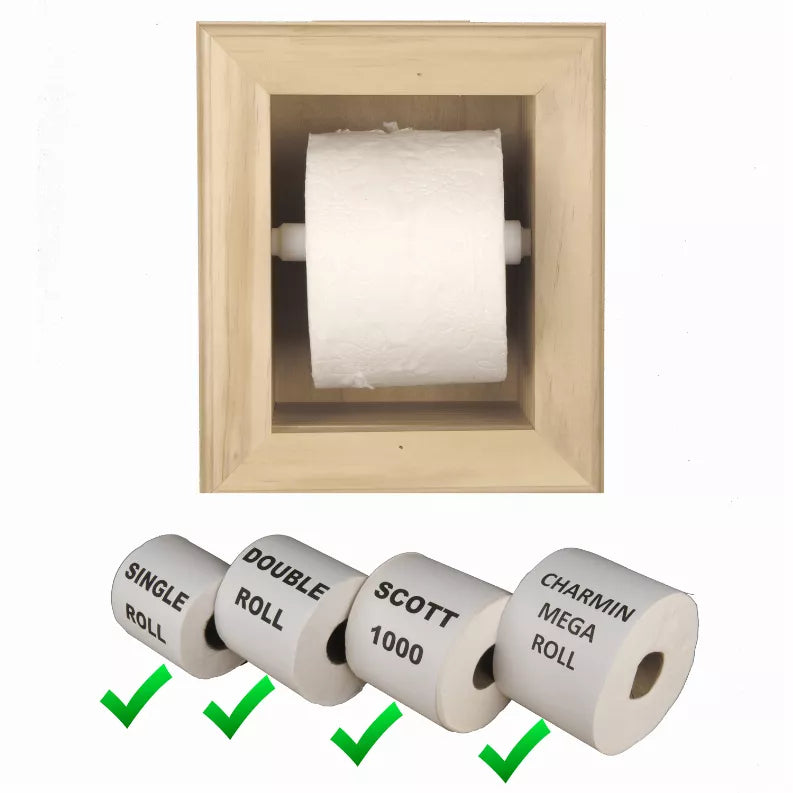 Recessed wood toilet paper holder with white roll and pictured roll size options