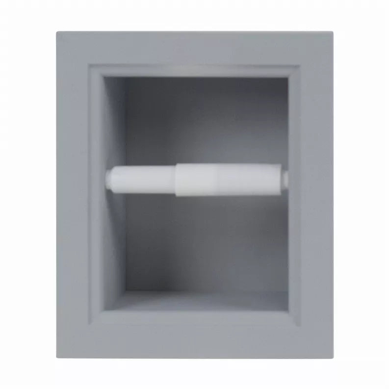 Recessed square toilet paper holder in light gray wood, holding a roll