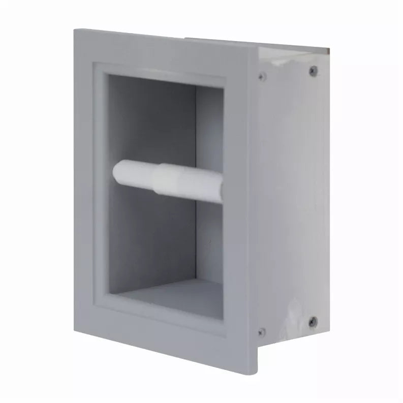 Recessed light gray wood toilet paper holder with roll, angled view