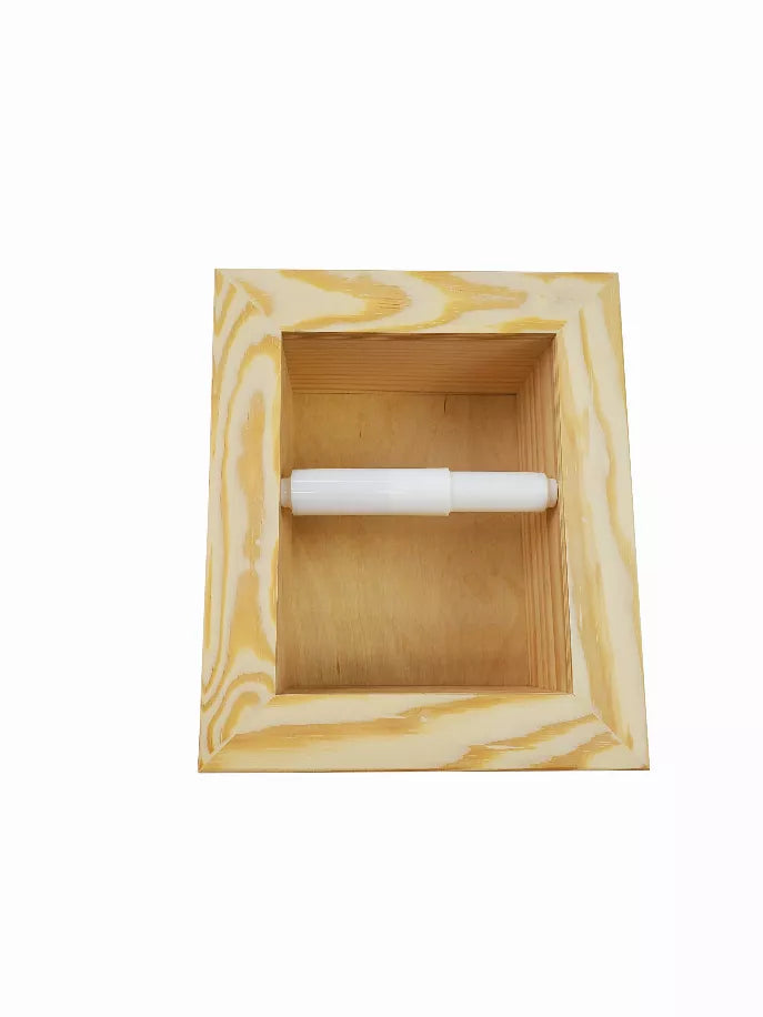 Square recessed toilet paper holder in natural wood grain, with a roll inside